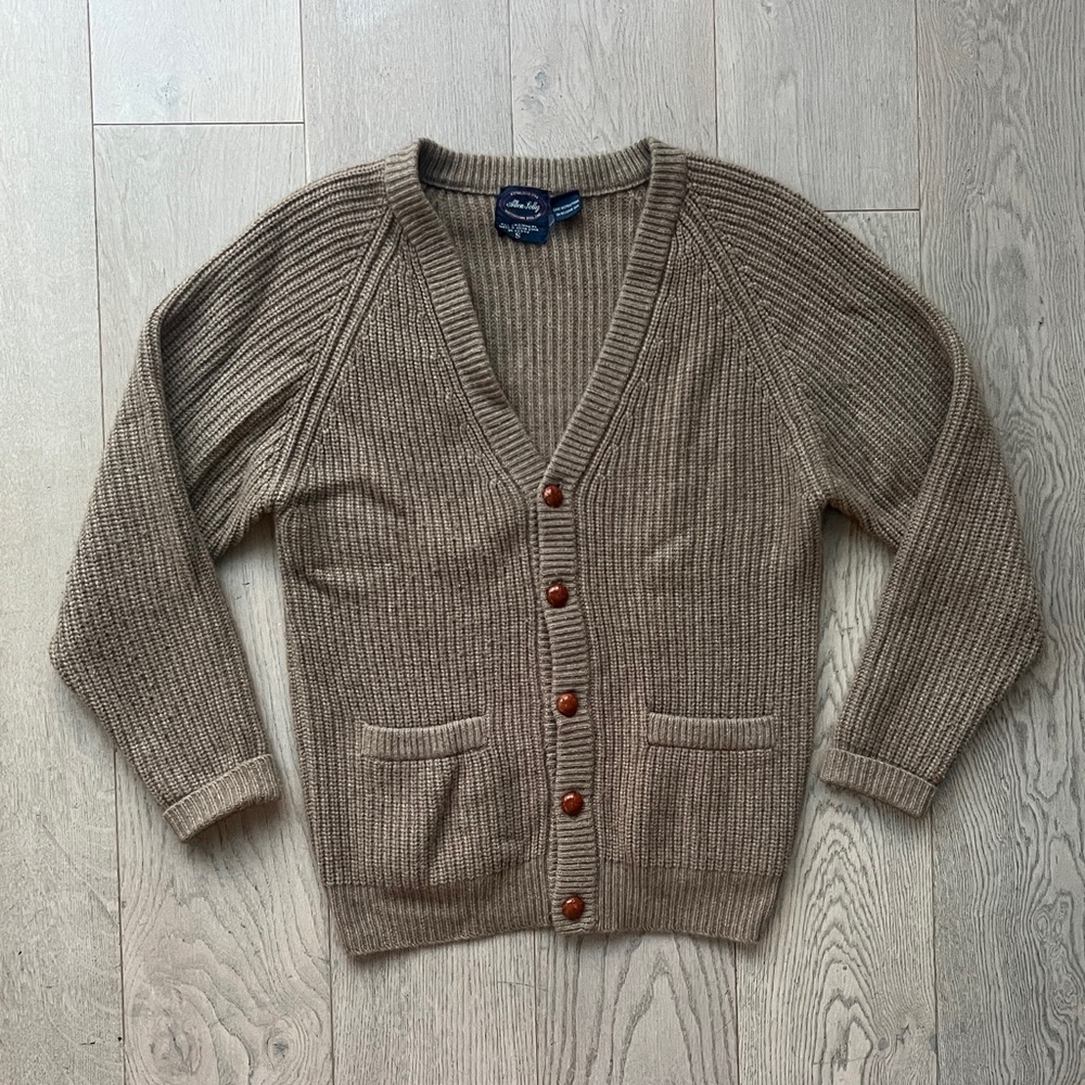 Vintage Allen Solly 100% Cashmere Cardigan Sweater Leather Buttons Men’s Size S